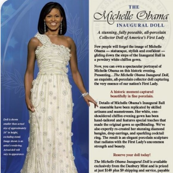 The Michelle Obama Inaugural Ball Porcelain Doll NIB The Danbury Mint 2009 White - Picture 1 of 11